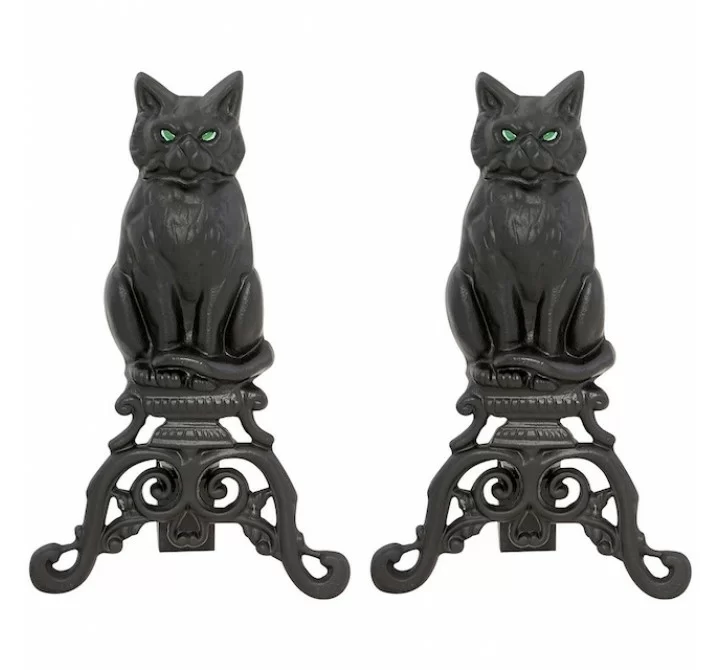 Mr. Bar-B-Q UniFlame® Black Cast Iron Cat Andirons with Reflective Glass Eyes
