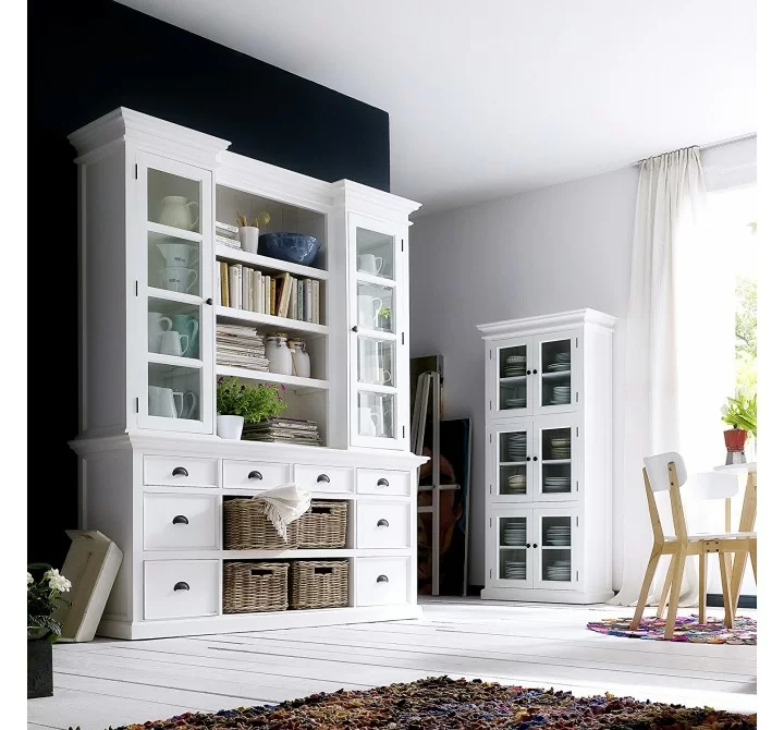 Nova Solo Halifax Mahogany White Distressed Finish Library / Kitchen Hutch with Basket Set and Glass Vitrines - Lifestyle 