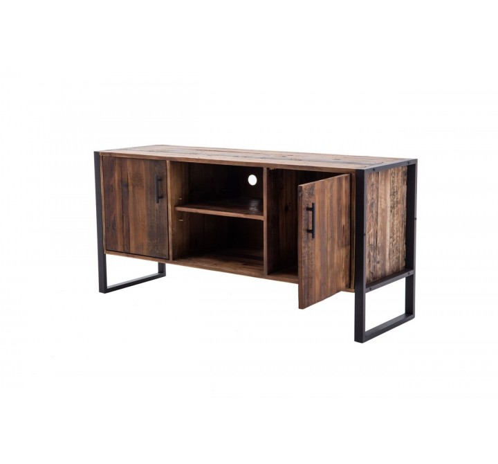 Crawford and Burke Norton 60" Reclaimed Wood and Metal TV Stand, Front Open View