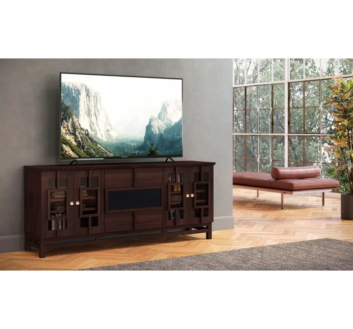 Furnitech 70" Contemporary Asian TV Stand, Media Console for Flat Screen and Audio Video Installations with Brazilian Cherry Veneers and Solids in a Wenge Finish - Lifestyle