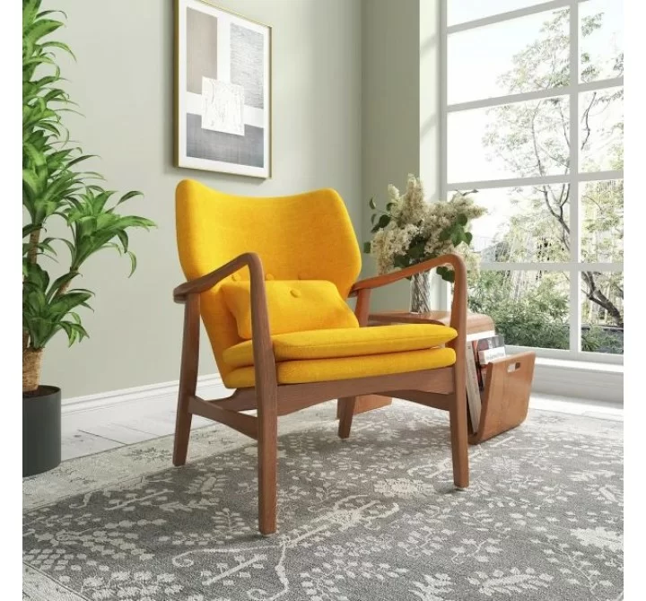 Manhattan Comfort Bradley Yellow and Walnut Linen Weave Accent Chair