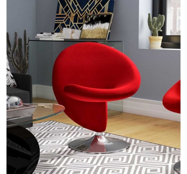 Manhattan Comfort Curl Red and Polished Chrome Wool Blend Swivel Accent Chair