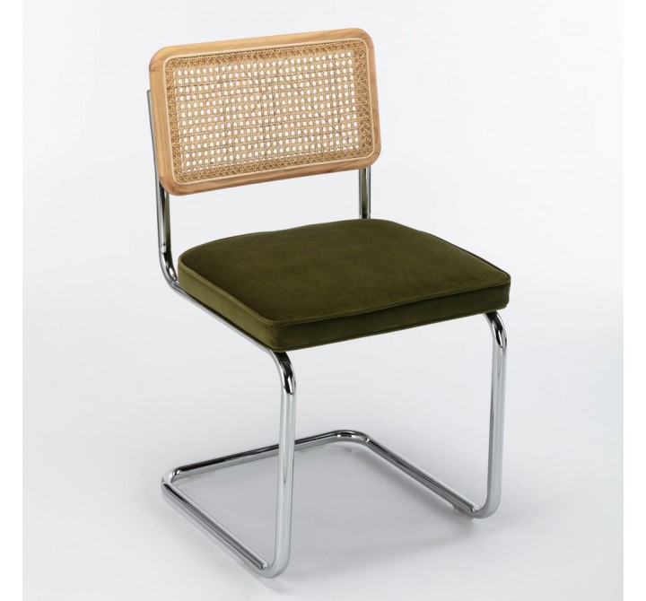 Aeon Latham Cane Back Velvet Side Chair Olive Velvet / Chrome Frame- Set of 2