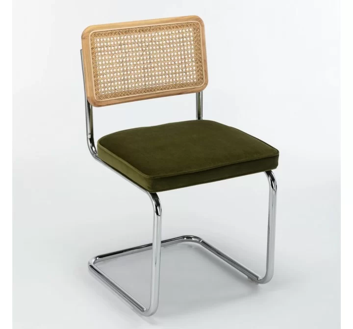 Aeon Latham Cane Back Velvet Side Chair Olive Velvet / Chrome Frame- Set of 2