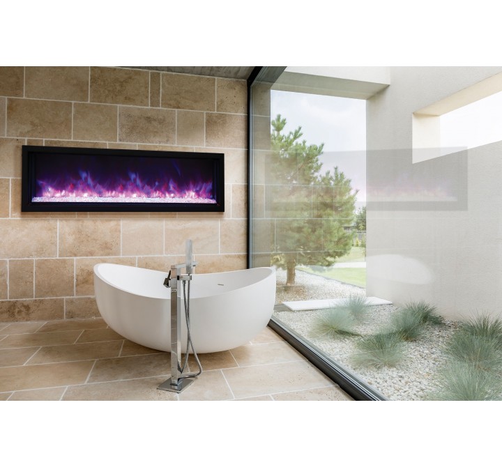60″ Extra Slim Indoor Or Outdoor Electric Built-in Only Electric Fireplace With Black Steel Surround - Lifestyle