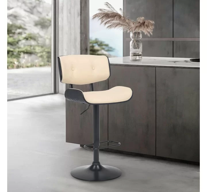 Brooklyn Adjustable Swivel Cream Faux Leather and Black Wood Bar Stool with Black Base