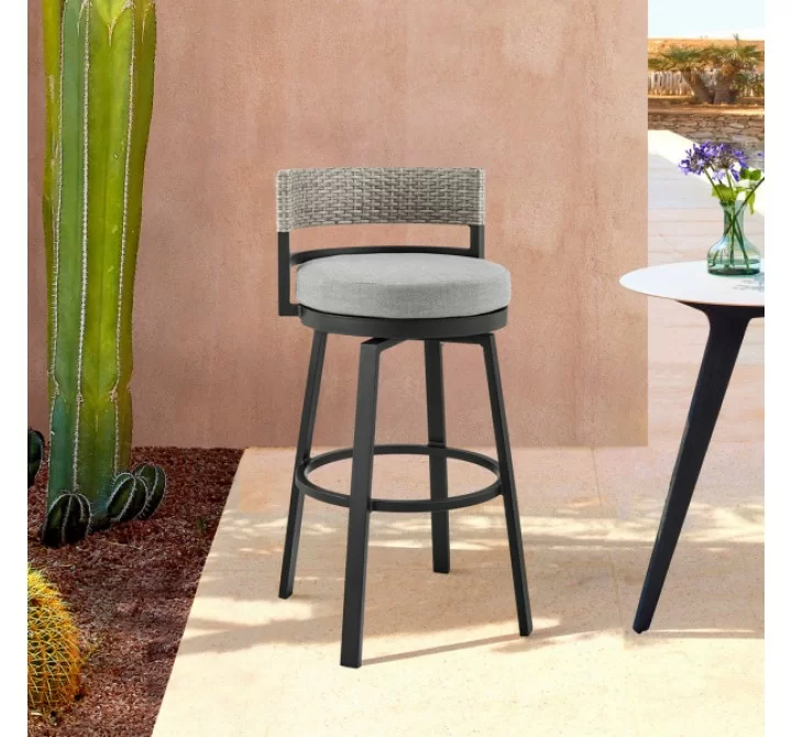 Armen Living Encinitas Outdoor Patio Counter or Bar Height Bar Stool in Aluminum with Wicker and Grey Cushions 