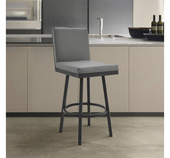 Armen Living Gem Swivel Modern Black Metal and Gray Faux Leather Bar and Counter Stool