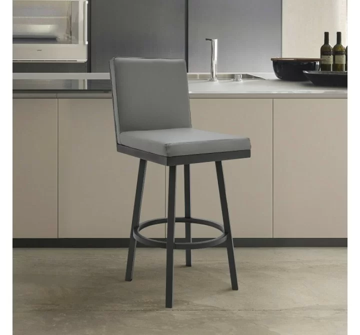 Armen Living Gem Swivel Modern Black Metal and Gray Faux Leather Bar and Counter Stool