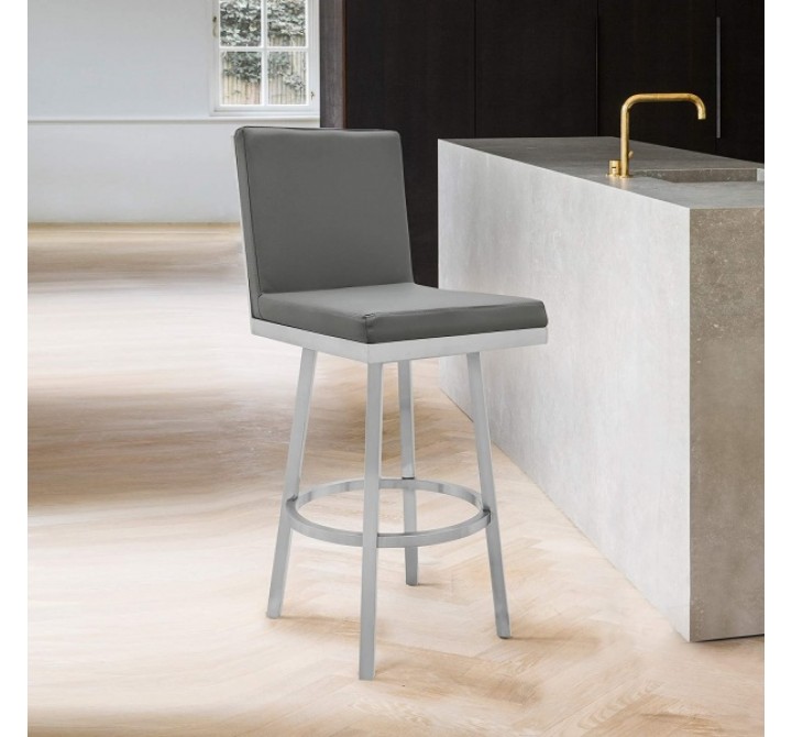 Armen Living Gem Swivel Modern Metal and Gray Faux Leather Bar and Counter Stool