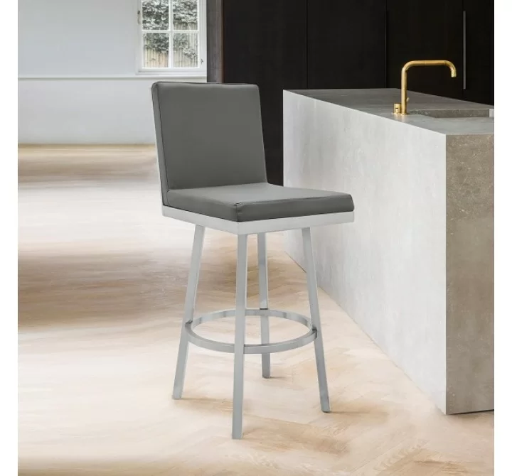 Armen Living Gem Swivel Modern Metal and Gray Faux Leather Bar and Counter Stool