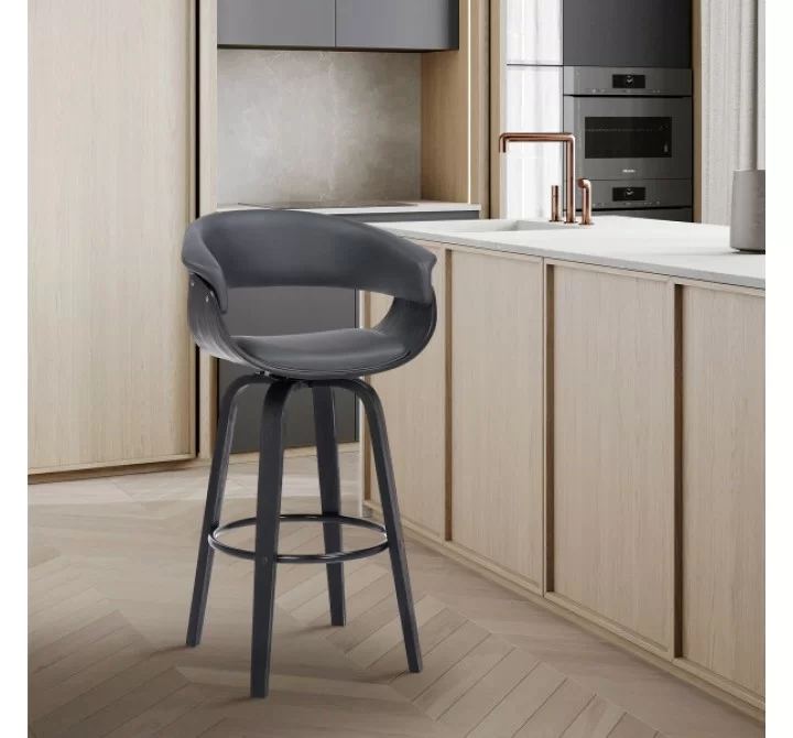 Armen Living Julyssa Swivel Grey Faux Leather and Black Wood Bar Stool