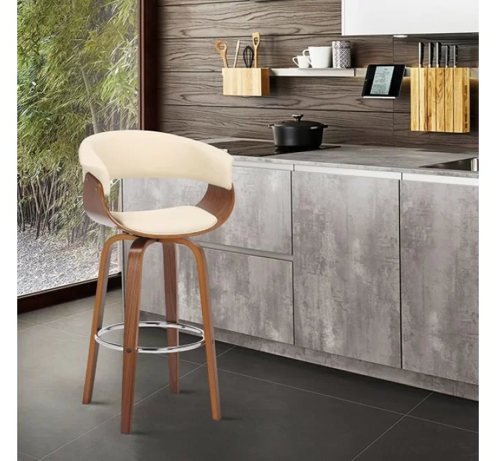Armen Living Julyssa Swivel Cream Faux Leather and Walnut Wood Bar Stool