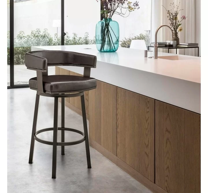 Armen Living Lorin Swivel Counter Stool In Java Brown Finish And Chocolate Faux Leather