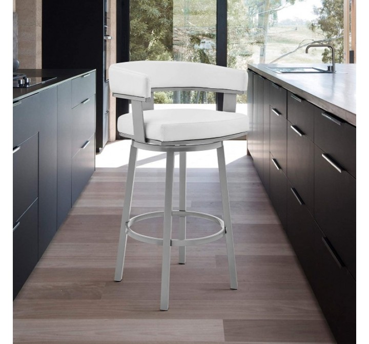 Armen Living Lorin Swivel Counter Stool In Silver Finish With White Faux Leather 