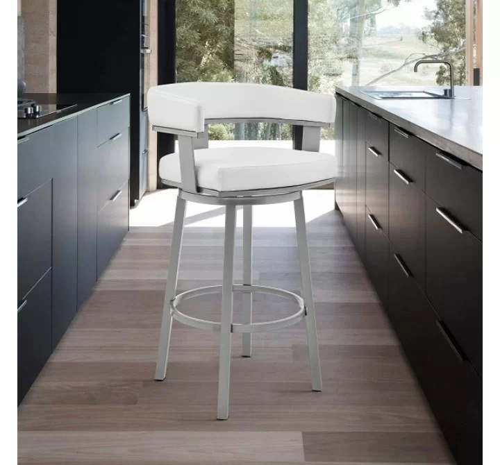 Armen Living Lorin Swivel Counter Stool In Silver Finish With White Faux Leather 