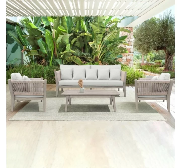 Armen Living Condesa 4 Piece Outdoor Patio Furniture Set in Acacia Wood and Rope Gray