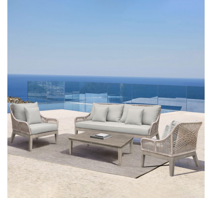 Armen Living Hawaii 4 Piece Outdoor Patio Furniture Set in Acacia Wood and Rope with Grey Cushions