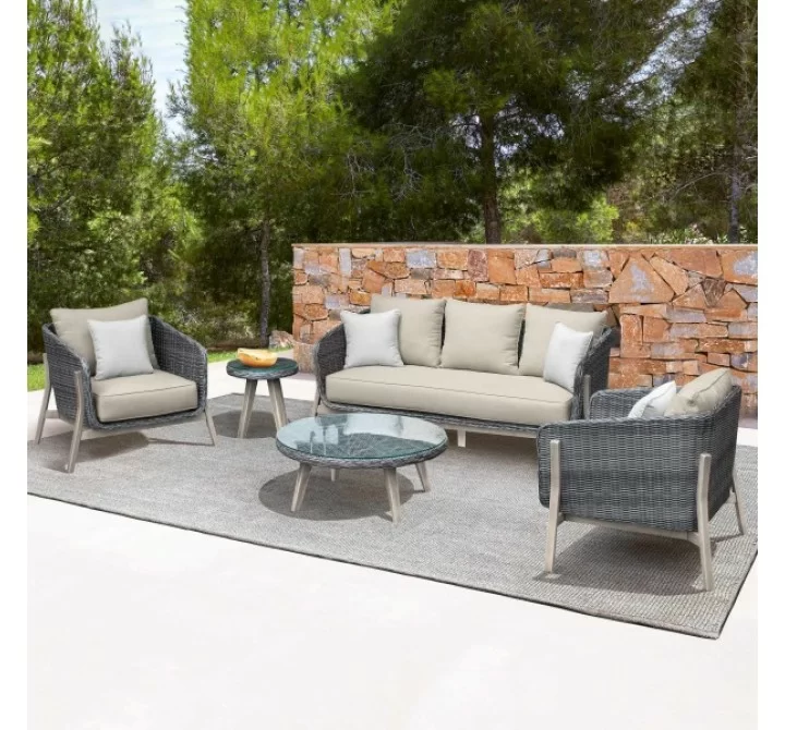 Armen Living Pismo 5-Piece Outdoor Patio Furniture Set in Acacia Wood and Wicker with Taupe Cushions