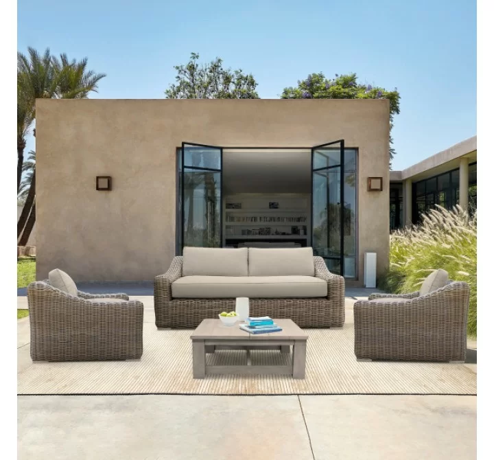 Armen Living Verano 4 Piece Outdoor Patio Furniture Set in Wicker and Acacia Wood with Taupe Cushions