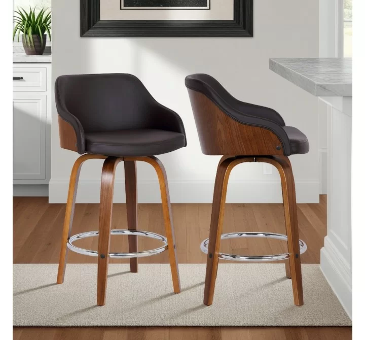 Armen Living Alec 26" Counter Height Swivel Brown Faux Leather and Walnut Wood Bar Stool 