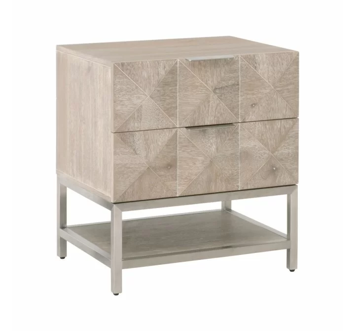 Essentials For Living Atlas 2-Drawer Nightstand - Natural Gray Acacia, Brushed Stainless Steel - Front Side Angle