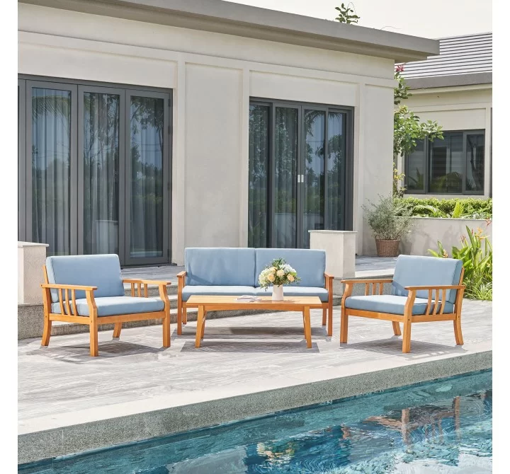 Vifah Kapalua Honey Nautical Eucalyptus Wooden Outdoor Sofa Set, Front Angle