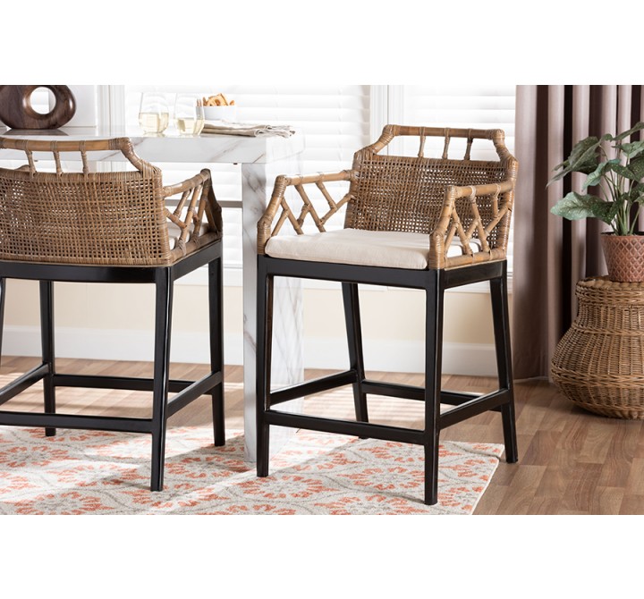 bali & pari Abiel Natural Rattan Counter Stool with Arms and Removable Cushion - lifestyle
