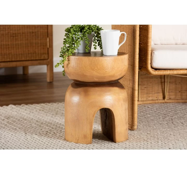 bali & pari Abrina Solid Suar Wood Side Table - Hand-Carved Sculptural End Table with Arched Base, Modern Boho Style for Living Room or Bedroom - Lifestyle