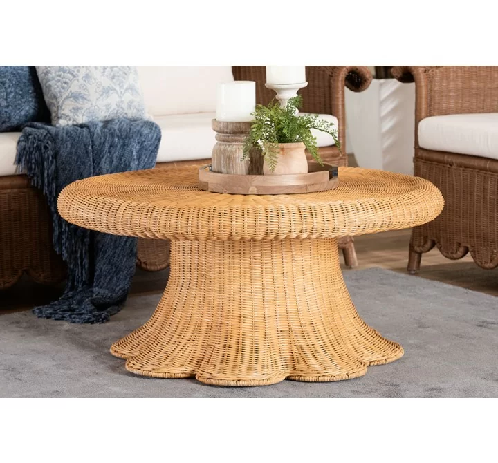 Baxton Studio bali & pari Avalon Natural Rattan Round Coffee Table with Scalloped Pedestal Base – Coastal Boho Wicker Accent Table for Living Room or Sunroom - Lifestyle