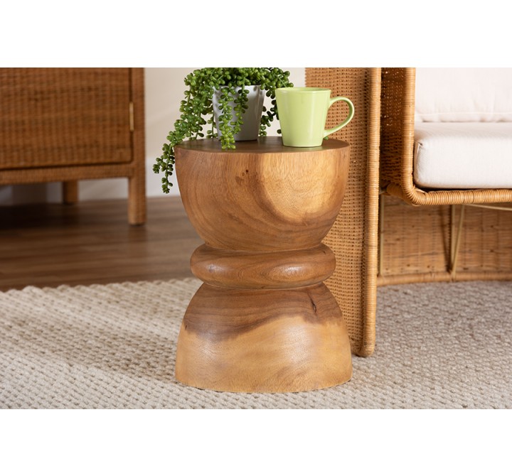 Baxton Studio bali & pari Bancroft Solid Suar Wood Side Table - Handcrafted Sculptural End Table with Hourglass Design, Modern Boho Style for Living Room or Bedroom - Lifestyle