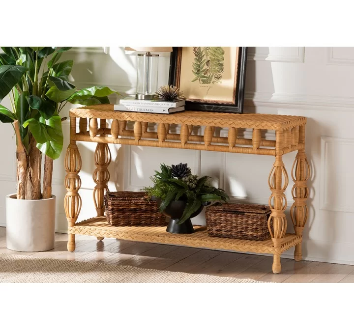 bali & pari Dolby Natural Rattan Console Table - Handwoven Wicker Accent Table with Openwork Design and Lower Shelf, Coastal Boho Style for Entryway or Living Room - Lifestyle