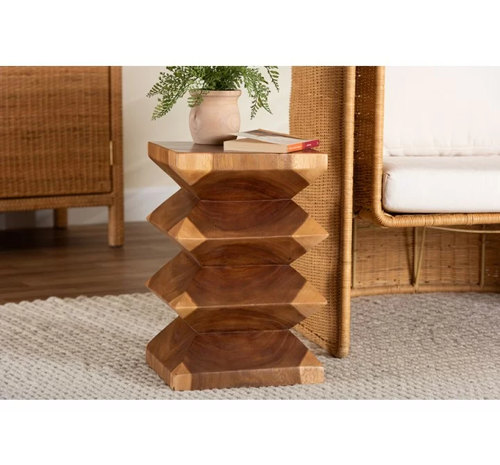 bali & pari Malati Solid Suar Wood Side Table - Hand-Carved Sculptural End Table with Zigzag Design, Modern Boho Style for Living Room or Bedroom - Lifestyle 2