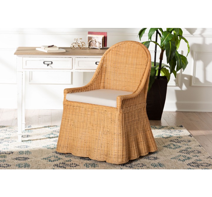 bali & pari Maya Natural Rattan Accent Chair - Hand Woven Wicker Dining Chair with Scalloped Skirt and Cushion, Coastal Boho Style Seating for Dining or Living Room, Light Honey - Lifestyle
