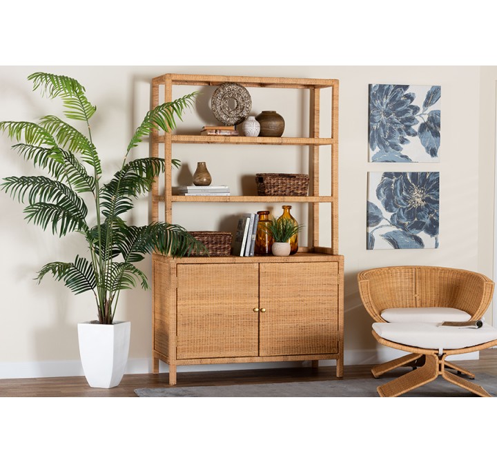 bali & pari Mortis Natural Rattan Display Shelf with 2-Door Storage Cabinet – Lifestyle