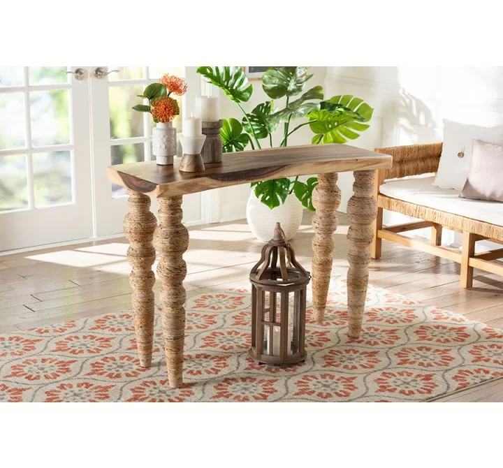 bali & pari Nasnan Teak Wood Console Table with Seagrass and Bobbin Legs - lifestyle