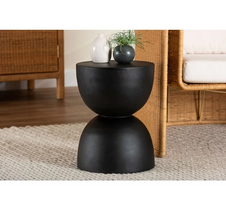 Baxton Studio bali & pari Nomiki Solid Suar Wood Side Table - Hand-Carved Sculptural End Table with Hourglass Design, Modern Boho Style for Living Room or Bedroom - Lifestyle