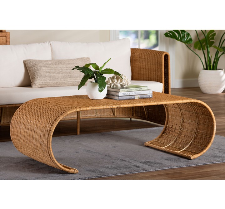 bali & pari Palm Waterfall Natural Rattan Coffee Table - Handwoven Wicker Centerpiece with Curved Silhouette for Boho, Coastal, or Tropical Living Room and Lounge Area - Lifestyle