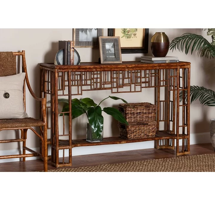 bali & pari Tahlia Marbled Tortoise Natural Rattan Console Table - lifestyle