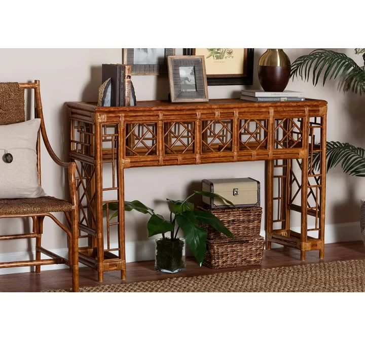 bali & pari Wahid Marbled Tortoise Natural Rattan Console Table - lifestyle
