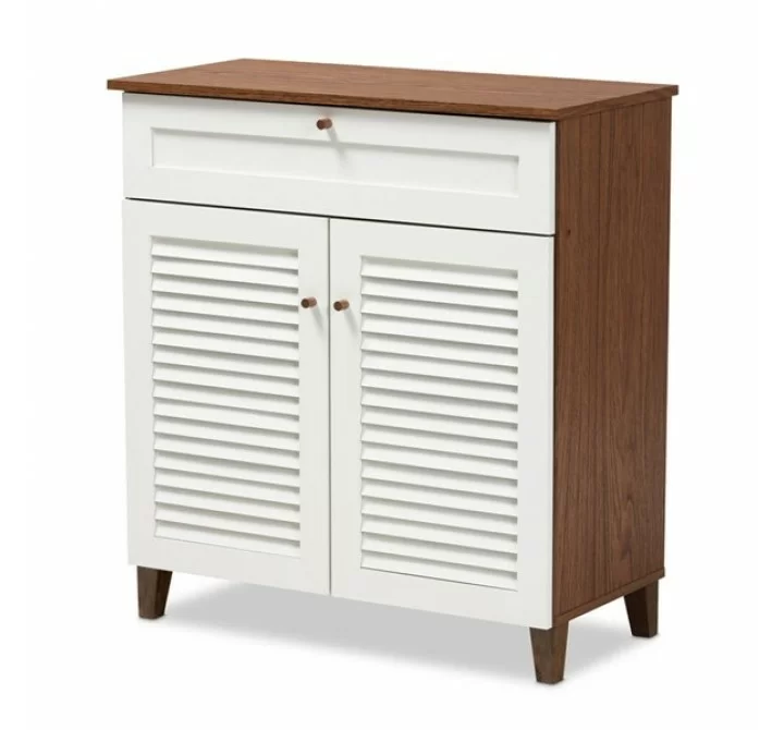 Baxton Studio Coolidge White Walnut 4 Shelf Shoe Storage Cabinet with Drawer