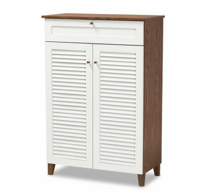 Baxton Studio Coolidge White Walnut 5 Shelf Shoe Storage Cabinet with Drawer