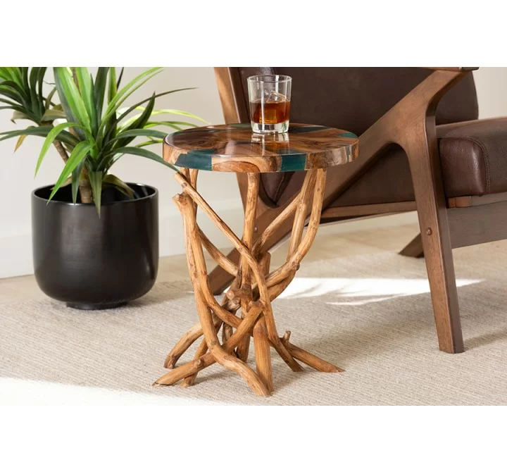 Baxton Studio bali & pari Amada Teak Wood Epoxy Resin End Table - lifestyle