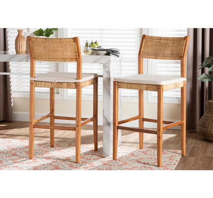 Baxton Studio bali & pari Chatura Natural Rattan and Mahogany Wood 2-Piece Bar Stool Set - lifestyle