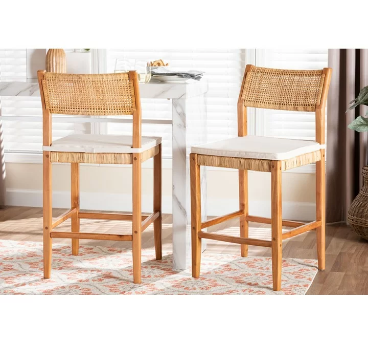 Baxton Studio bali & pari Chatura Natural Rattan and Mahogany Wood 2-Piece Counter Stool Set - lifestyle
