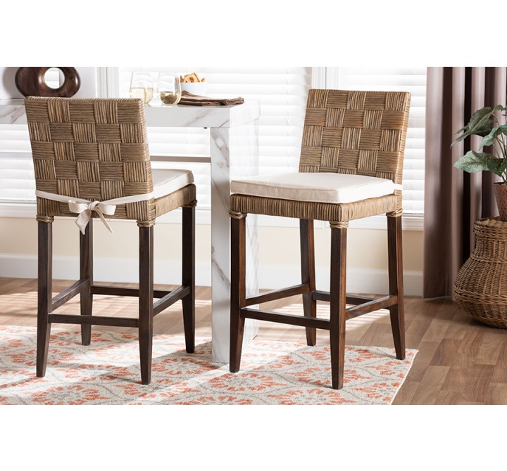 Baxton Studio bali & pari Fatima Natural Rattan Counter Stool with Cushion - lifestyle