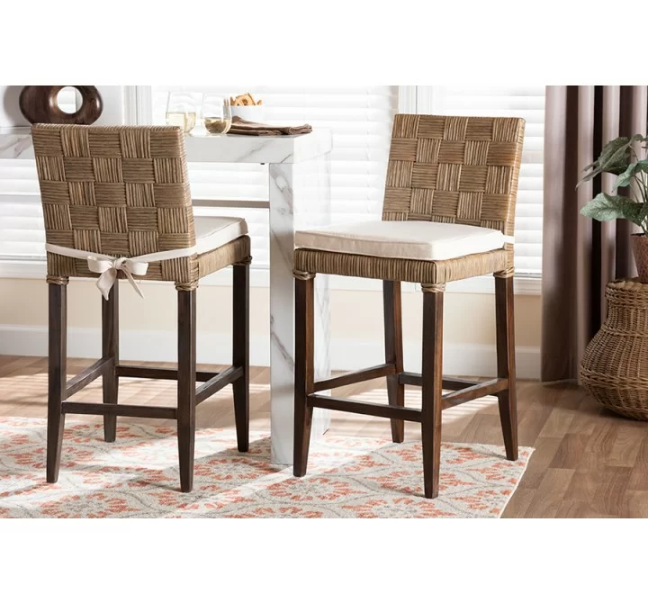 Baxton Studio bali & pari Fatima Natural Rattan Counter Stool with Cushion - lifestyle