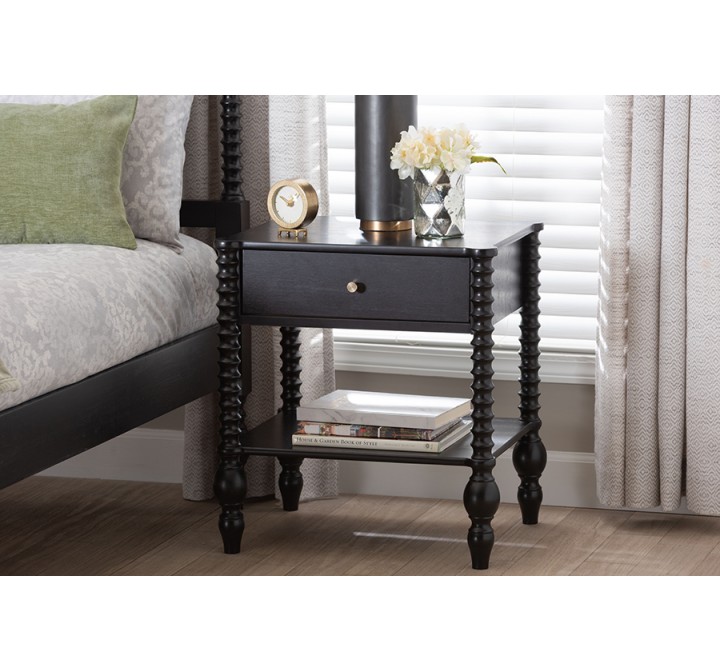 Baxton Studio Callison Spindle 1-Drawer Nightstand in Black - lifestyle