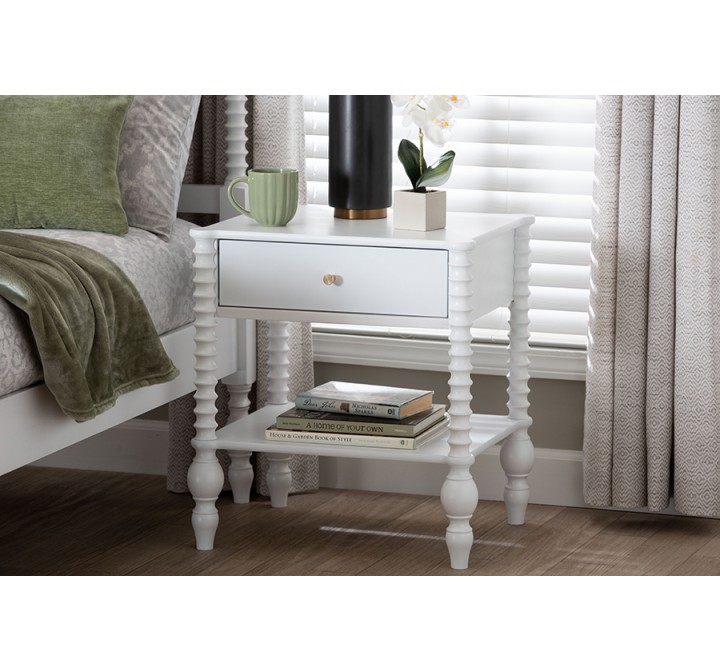 Baxton Studio Callison Spindle 1-Drawer Nightstand in White - lifestyle