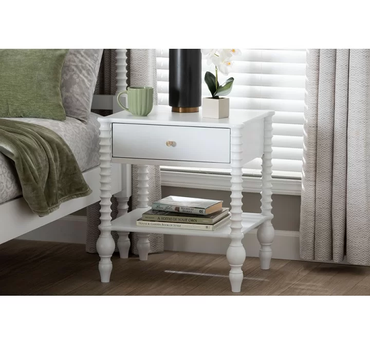 Baxton Studio Callison Spindle 1-Drawer Nightstand in White - lifestyle